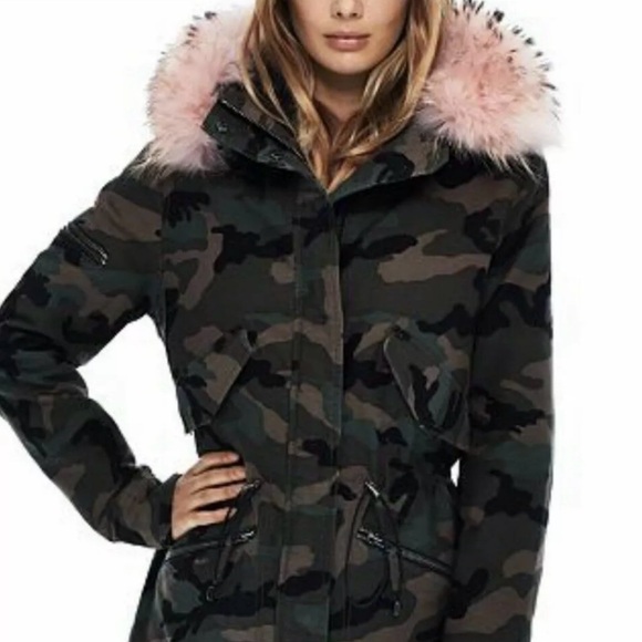 SAM. Camo lined Jacket with real Pink Fur Trim Hooded Womens Size Small - Picture 9 of 10